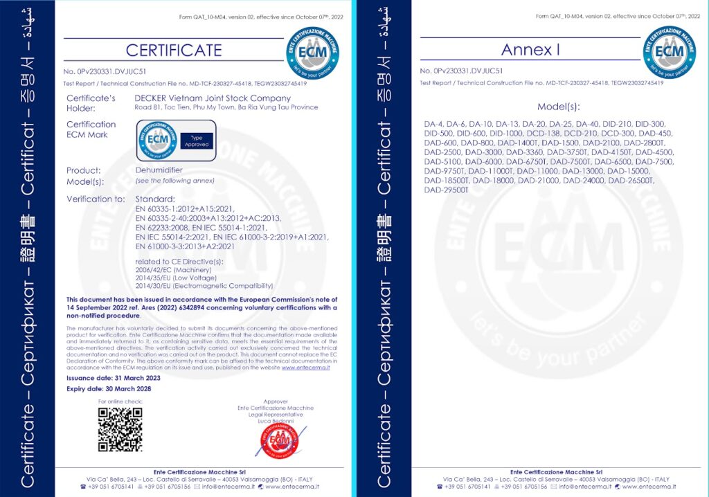 Chứng chỉ CE EMC cho sản phẩm máy hút ẩm công nghiệp Decker Việt Nam